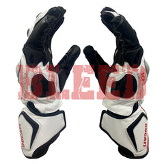 A pair of Ducati Corse motorbike gloves viewed from the palm side, showcasing reinforced padding, pre-curved fingers, and Ducati branding.