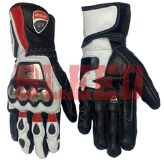 A pair of Ducati Corse racing motorbike gloves, showing both the front and back sides. The gloves have a black, white, and red color scheme with the Ducati logo prominently displayed on the wrist area