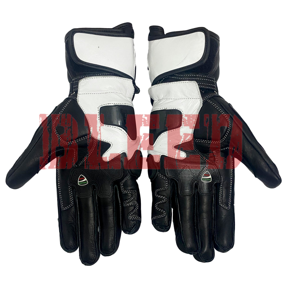 Ducati Corse motorbike gloves shown from the palm side, featuring a black and white design with reinforced stitching, padded palms, and Ducati logos.