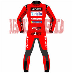 Back View of Francesco Bagnaia's 2024 Lenovo Ducati racing suit for the British GP, showcasing a striking red design with black accents, featuring sponsor logos from Lenovo, NetApp, Monster Energy, and more.