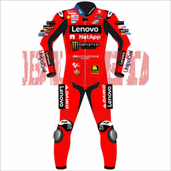 Front View of Francesco Bagnaia's 2024 Lenovo Ducati racing suit for the British GP, showcasing a striking red design with black accents, featuring sponsor logos from Lenovo, NetApp, Monster Energy, and more.