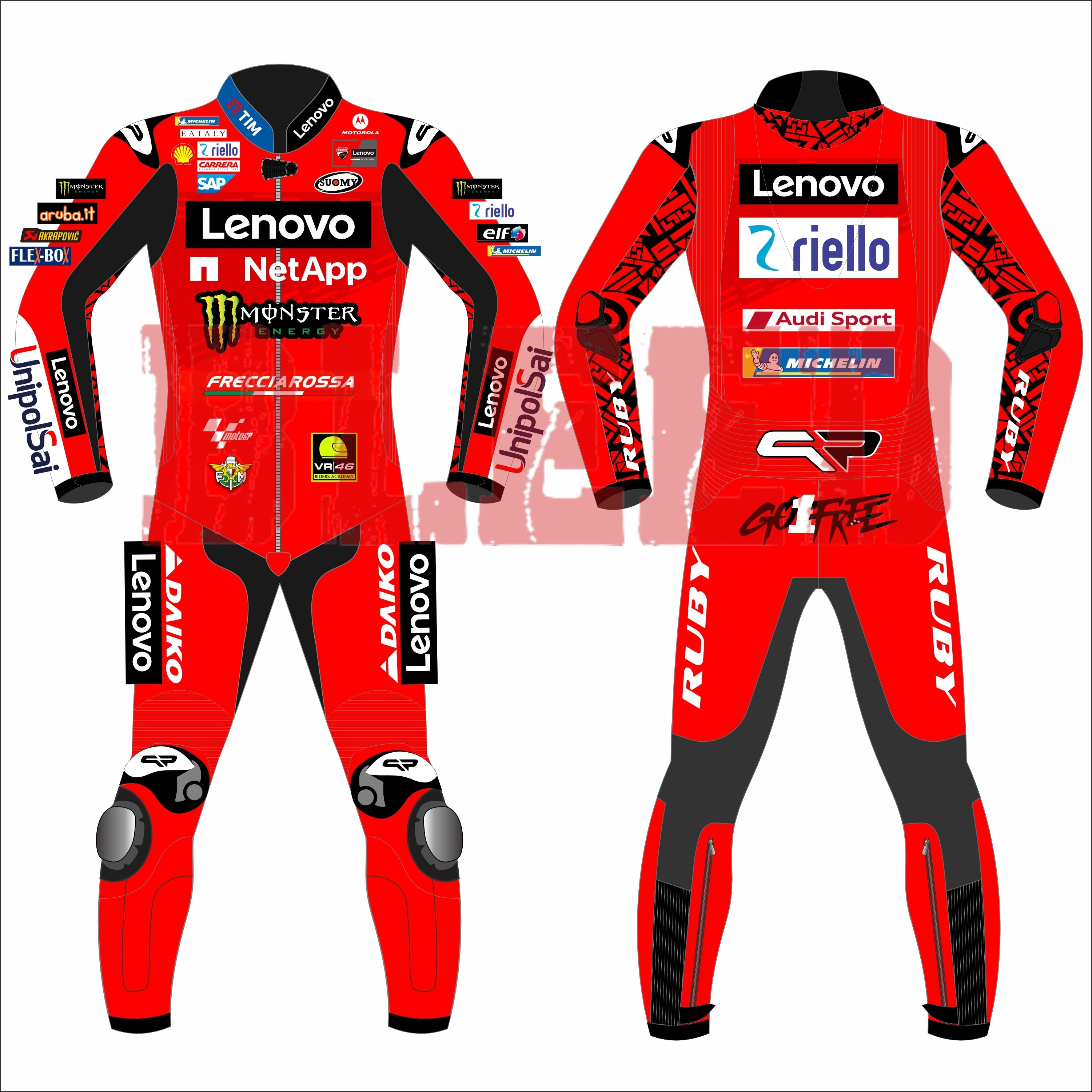 Front and Back View of Francesco Bagnaia's 2024 Lenovo Ducati racing suit for the British GP, showcasing a striking red design with black accents, featuring sponsor logos from Lenovo, NetApp, Monster Energy, and more.