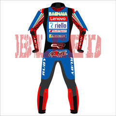 Back View of Francesco Bagnaia 2024 MotoGP Racing Suit - Lenovo Ducati Blue Edition, High-Quality Leather, Custom Sponsor Branding, Designed for Maximum Protection and Performance