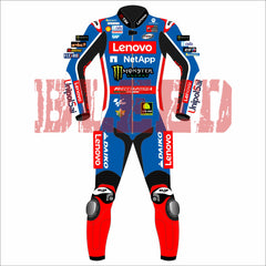 2024 Francesco Bagnaia MotoGP Racing Suit - Lenovo Ducati Blue Edition, Front View, High-Performance Leather with Protective Padding, Authentic Sponsor Logos