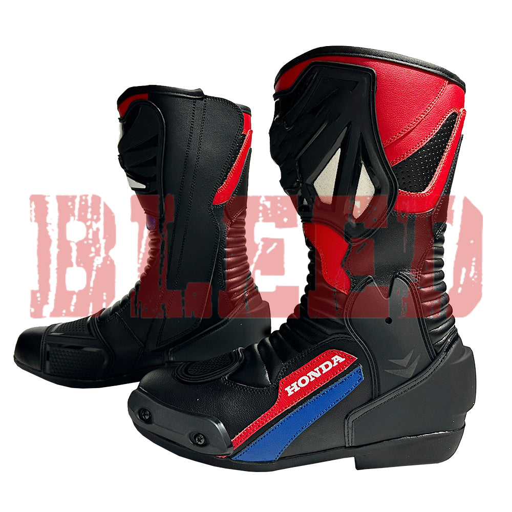 Front angled view of Honda Repsol racing motorcycle boots highlighting bold red-black design, TPU ankle armor, and anti-slip sport sole.