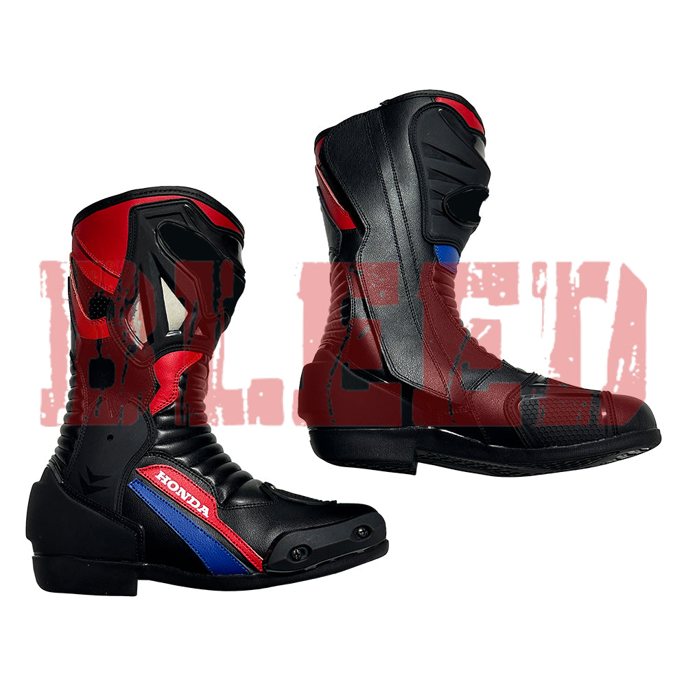 Pair of Honda Repsol men motorbike leather racing boots crafted for performance, featuring full-grain leather and CE-certified protection.