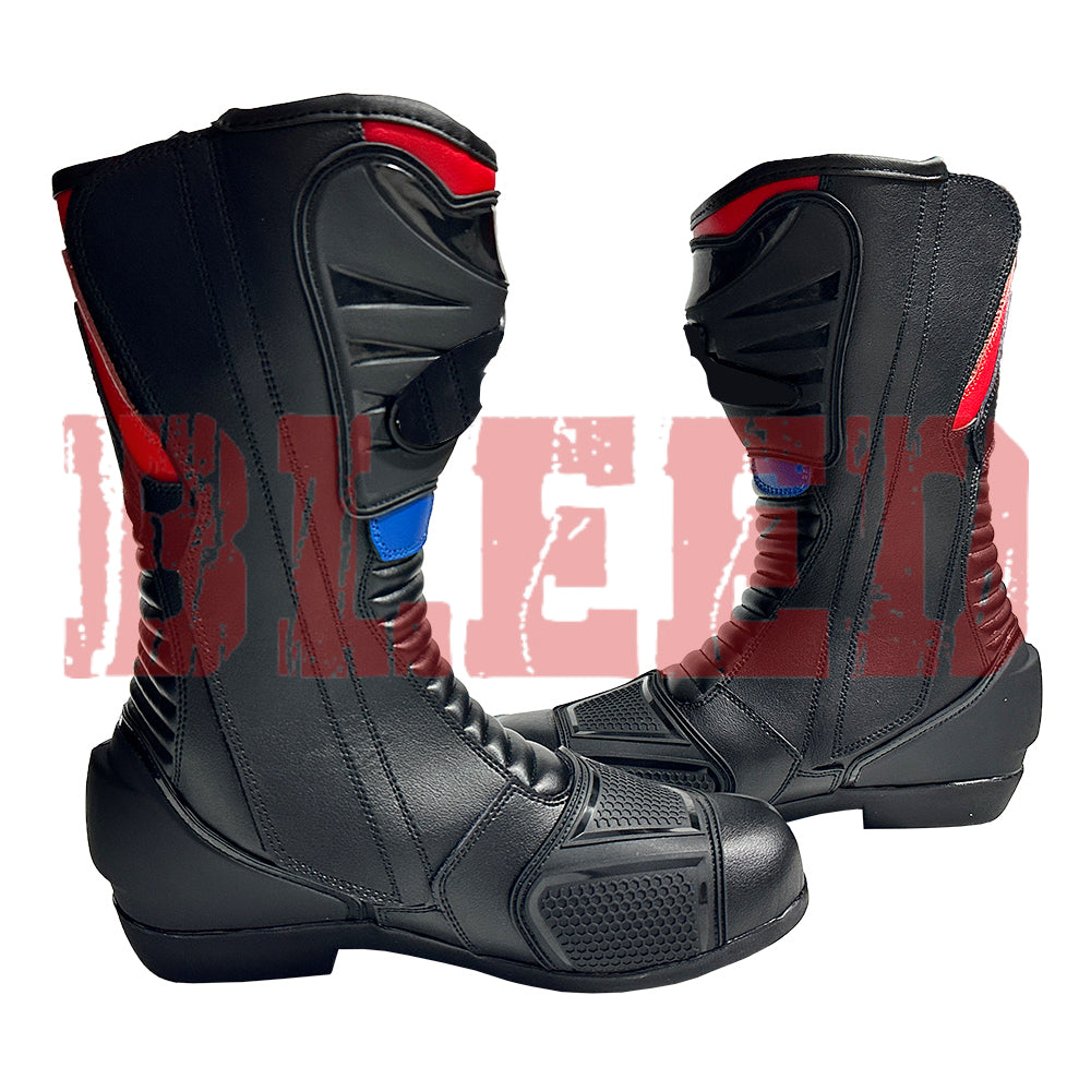 Rear view of Honda Repsol racing motorcycle boots displaying flexible heel structure, ventilated panels, and reflective inserts for safety.