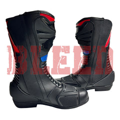 Rear view of Honda Repsol racing motorcycle boots displaying flexible heel structure, ventilated panels, and reflective inserts for safety.