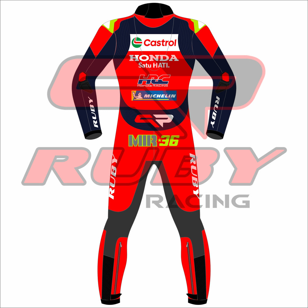 Rear view of BLEED-designed Joan Mir 2025 Honda Castrol MotoGP leather suit showing Castrol, Honda HRC, and Michelin sponsors, bright MIR 36 race number, and BLEED branding on sleeves and legs. Premium-grade suit crafted for speed, safety, and rider identity.