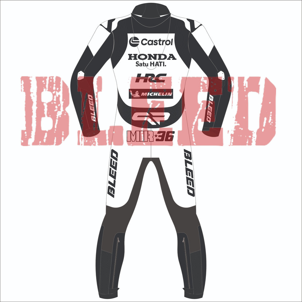 Rear profile of the Joan Mir 2025 MotoGP test race suit by BLEED, highlighting sponsor logos from Castrol, Honda HRC, and Michelin, with number 36 and BLEED branding on the arms and legs in a clean monochrome theme.