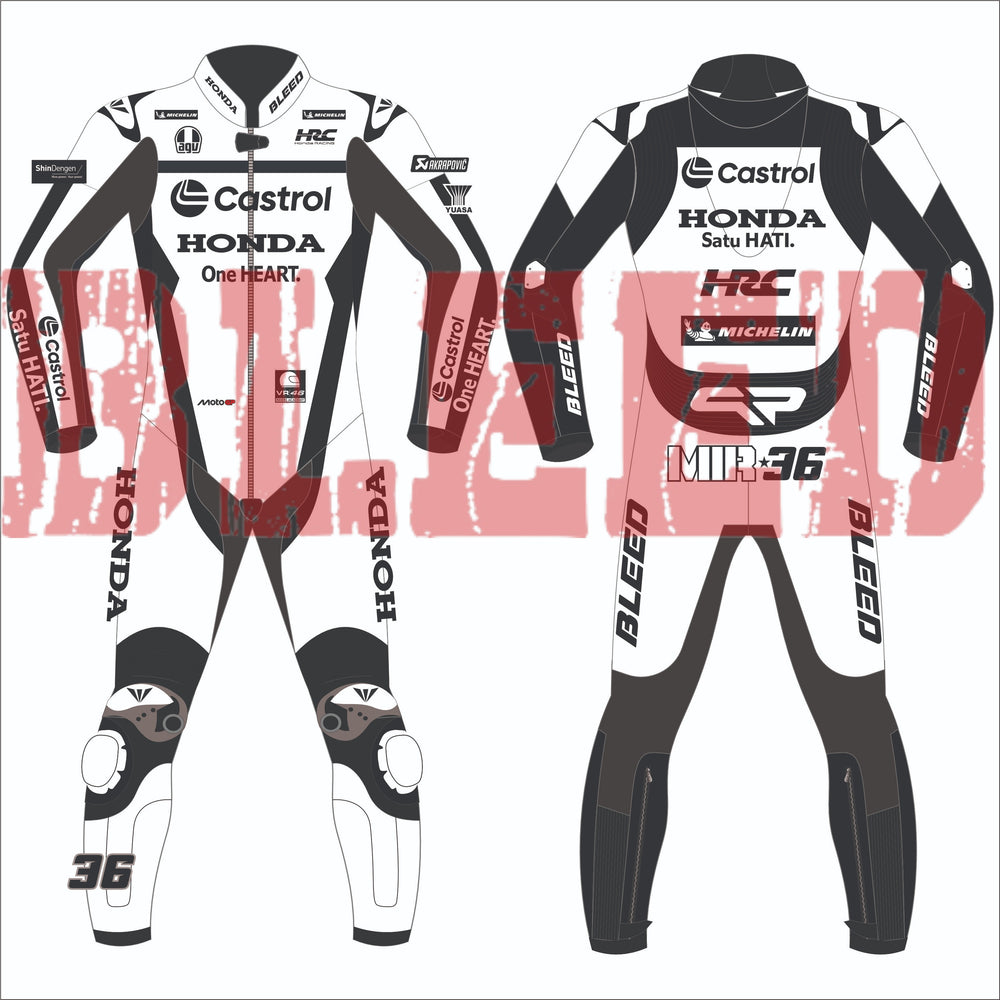 Joan Mir 2025 Honda Castrol MotoGP test race suit by BLEED – black and white leather suit featuring number 36, sponsor logos from Castrol, Honda, HRC, and Michelin, with BLEED branding on arms, legs, and collar. Shown from front and rear for full design visibility.