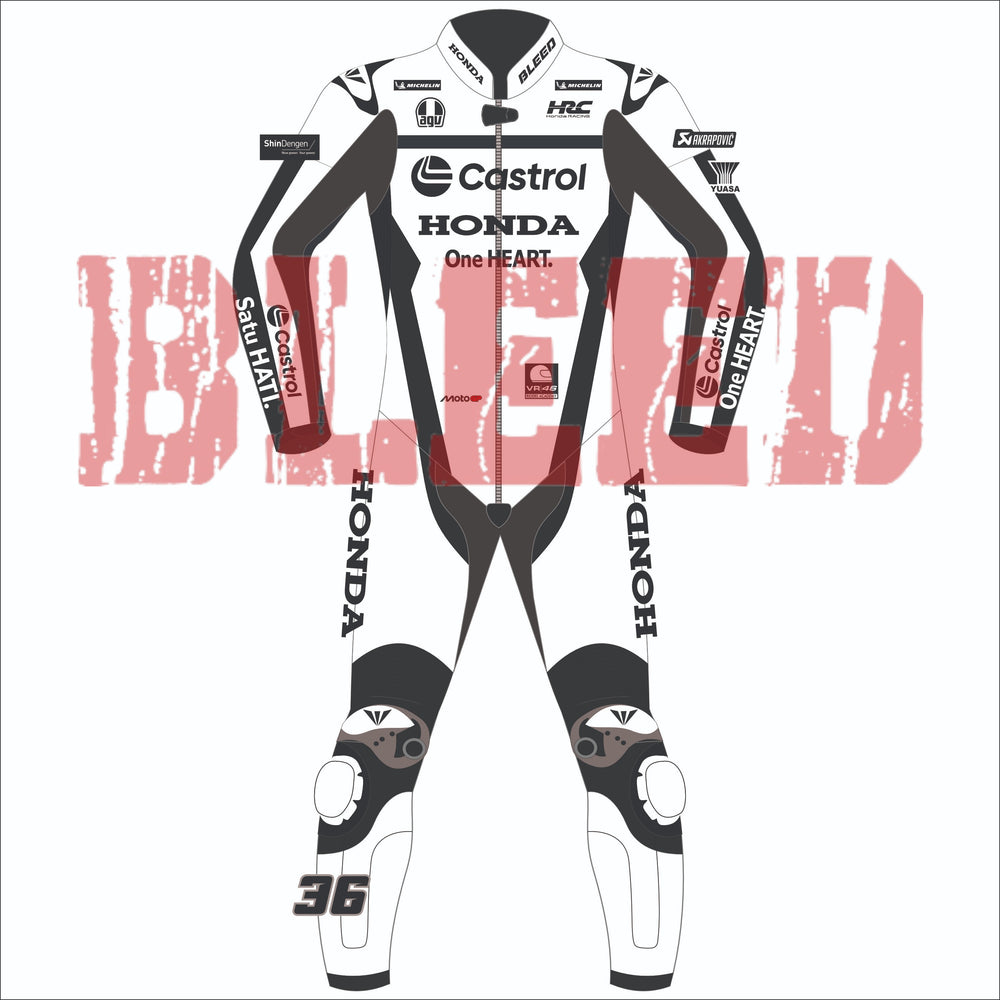 Front view of BLEED-branded Joan Mir 2025 Honda Castrol test MotoGP leather race suit in a sleek black and white design with number 36, bold Honda and Castrol sponsor logos, and armored knee sliders.