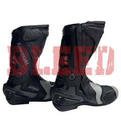 Kawasaki Ninja Black and Grey Racing Boots angled view showing aerodynamic shin armor and durable leather finish.