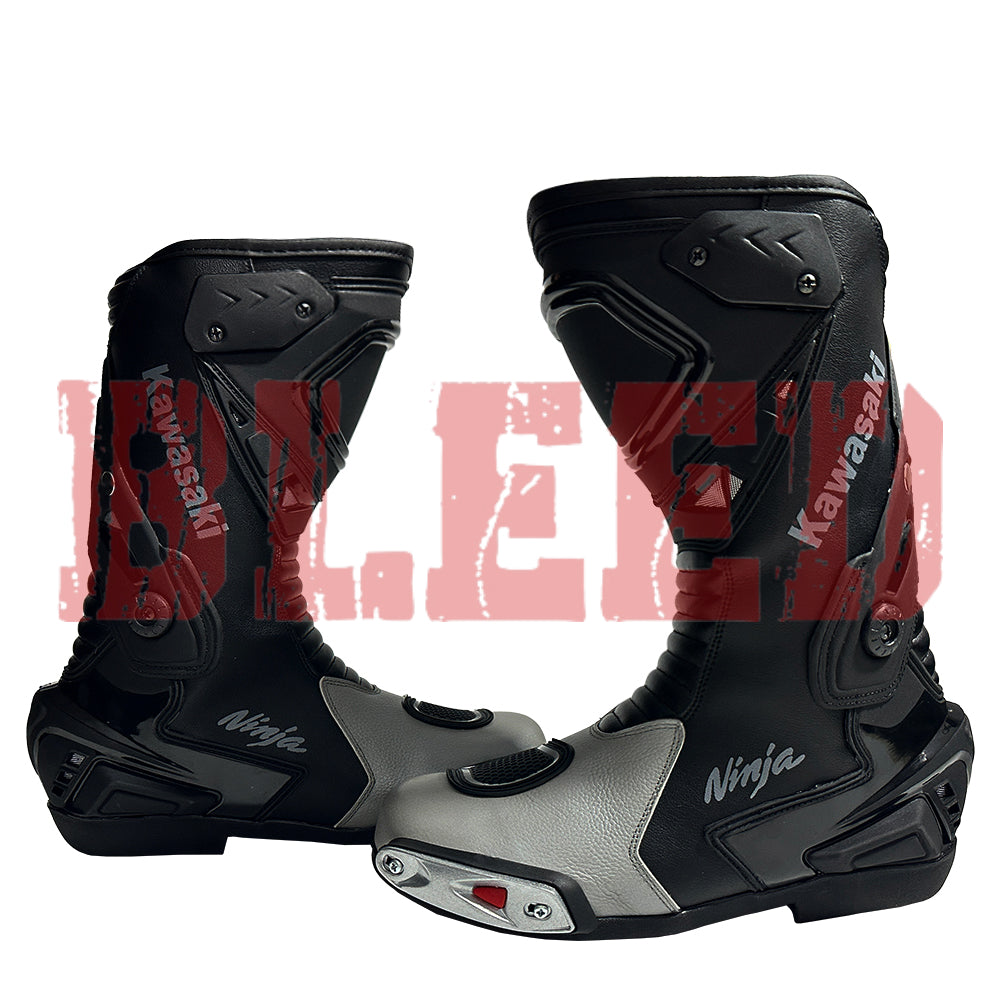 Front view of Kawasaki Ninja Black Grey Motorbike Leather Boots showing reinforced toe, TPU guards, and sleek racing design.