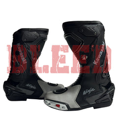 Front view of Kawasaki Ninja Black Grey Motorbike Leather Boots showing reinforced toe, TPU guards, and sleek racing design.