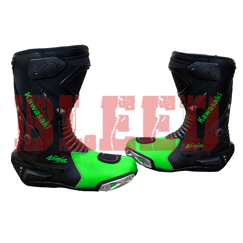 Front angled view of Kawasaki Ninja racing motorcycle boots with TPU armor, vented shin protection, and durable shift pads for track-ready control.
