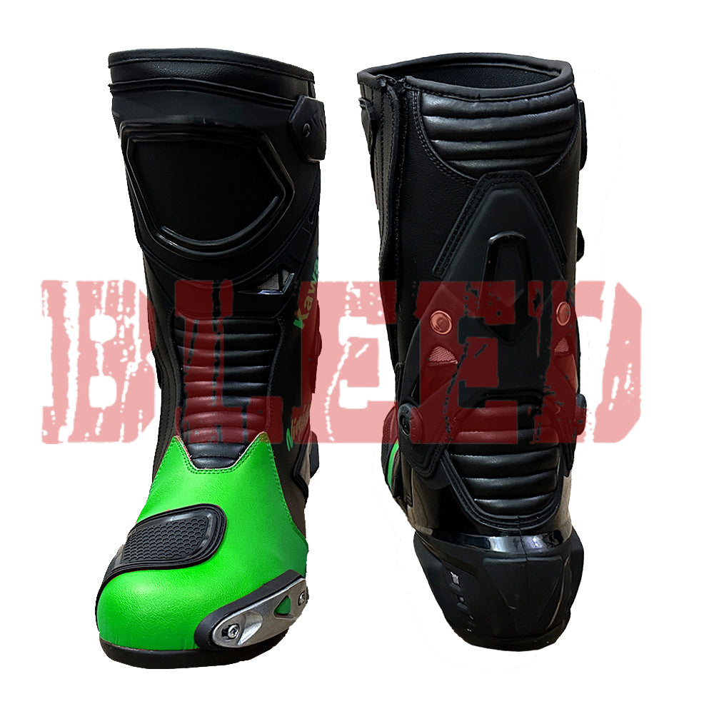 Pair of Kawasaki Ninja men motorbike leather racing boots featuring CE-certified armor, dual rubber sole, and aggressive race styling.