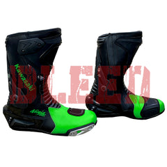 Rear view of Kawasaki Ninja motorcycle boots showing flexible heel panels, ventilated back design, and anti-slip race sole for stability.