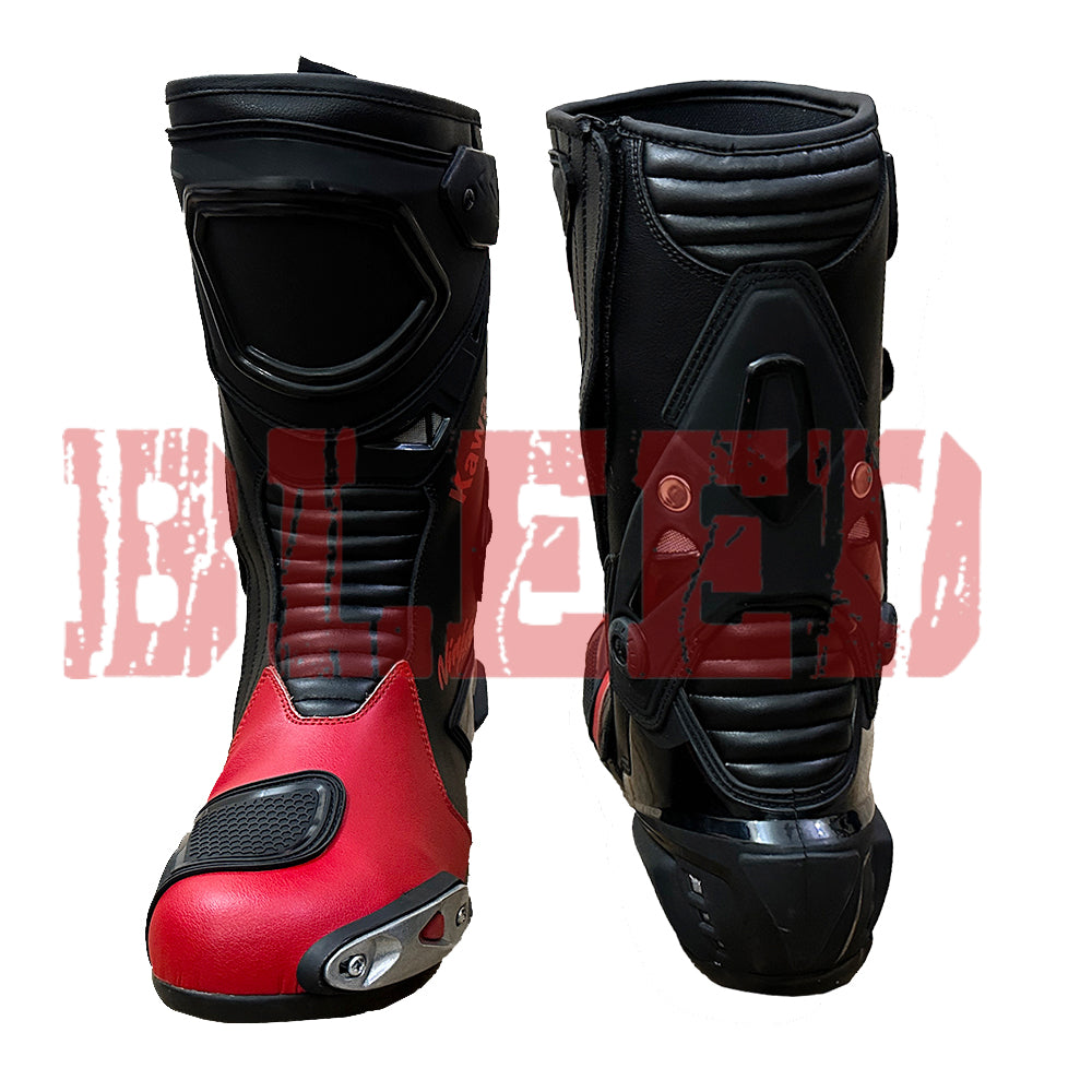 Pair of Kawasaki Ninja red black racing boots made with durable full-grain leather, flexible joints, and CE-approved protection for track riders.