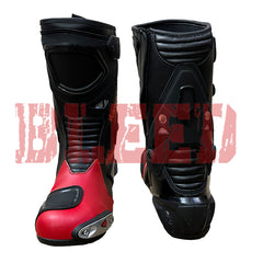 Pair of Kawasaki Ninja red black racing boots made with durable full-grain leather, flexible joints, and CE-approved protection for track riders.