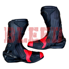 Rear view of Kawasaki Ninja red black motorbike leather boots with ventilated heel panels and anti-slip dual compound sole for improved control.