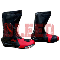 Side view of Kawasaki Ninja red black motorbike leather boots featuring aerodynamic panels, reinforced ankle guards, and high-grip racing sole.