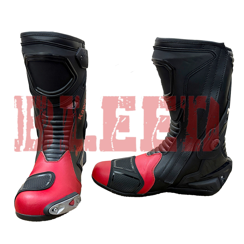 Rear view of Kawasaki Ninja red black motorbike leather boots with ventilated heel panels and anti-slip dual compound sole for improved control.