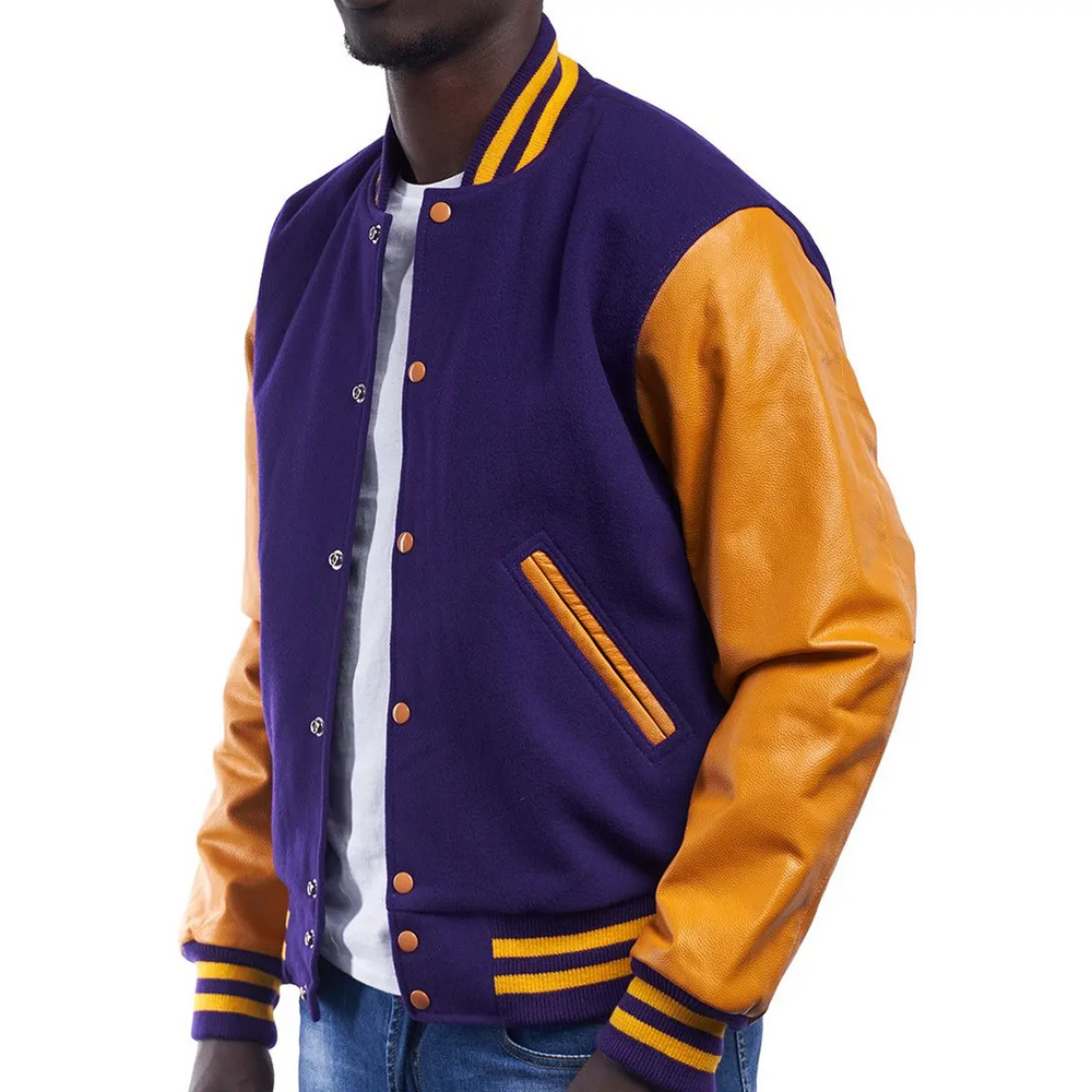 Mens Purple Orange Varsity Jacket Side View