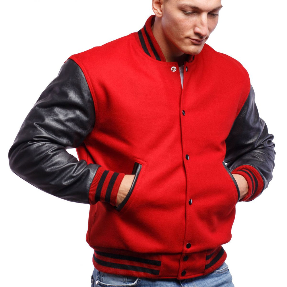 Mens Red Black Varsity Jacket Front View-1