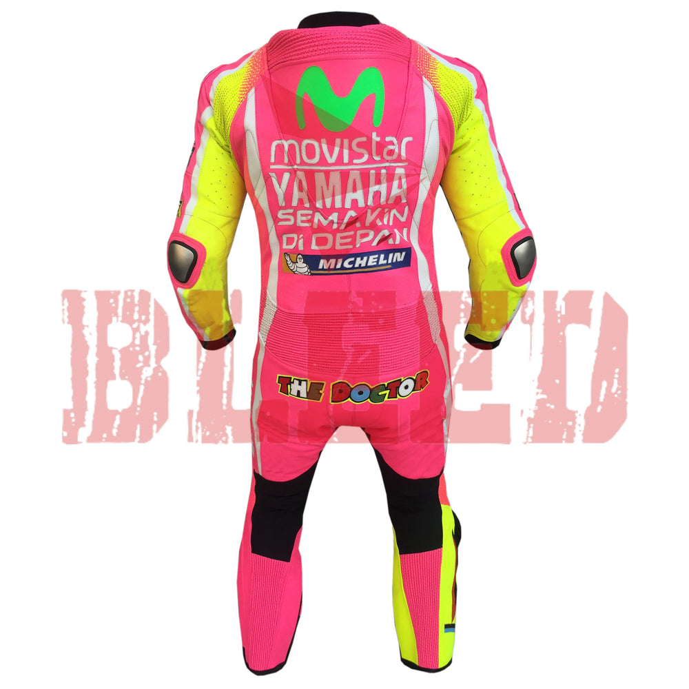 Rossi Pink Motorbike Leather Racing Suit Back View
