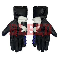 A pair of Suzuki GSXR motorcycle racing gloves shown from the front, displaying the black and white leather design with reinforced padding along the fingers and palms. The gloves feature secure wrist cuffs for a snug fit and detailed stitching for durability. The Suzuki logo is subtly incorporated into the palm area, emphasizing the gloves' premium build and focus on safety for riders.