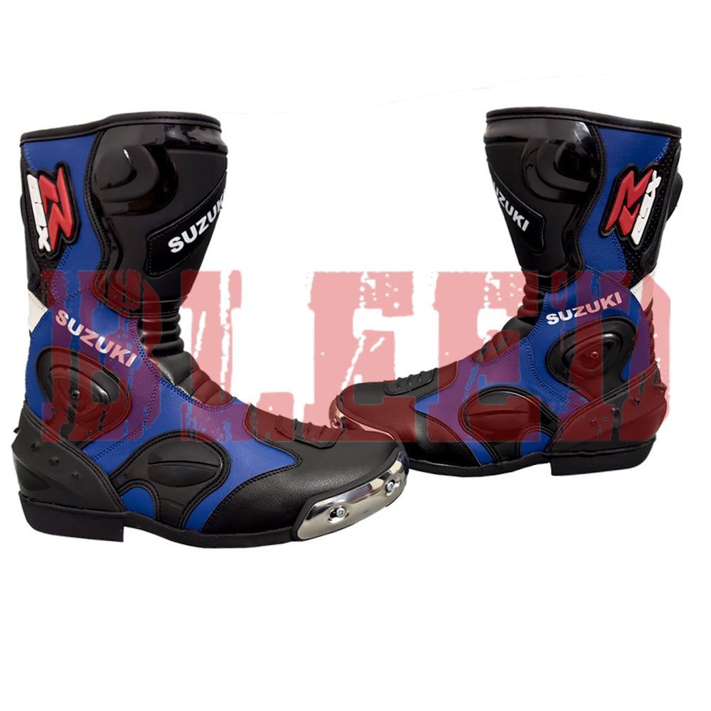Suzuki GSXR blue and black men’s motorbike leather boots front view showing racing-grade design.