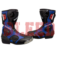 Suzuki GSXR blue and black men’s motorbike leather boots front view showing racing-grade design.