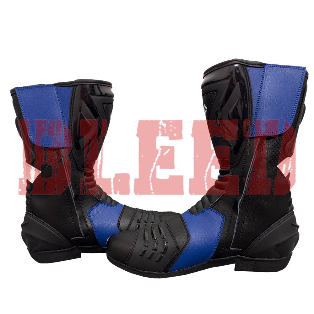 Angled shot of Suzuki GSXR racing boots highlighting aerodynamic contours and premium leather finish.