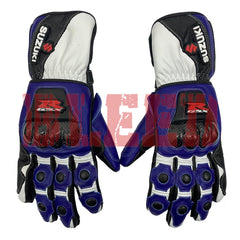 A pair of Suzuki GSX-R motorbike racing gloves in blue and black. The gloves feature prominent Suzuki branding, with protective knuckle armor and detailed stitching. Designed for high performance, these gloves combine durability and style for motorcycle enthusiasts.