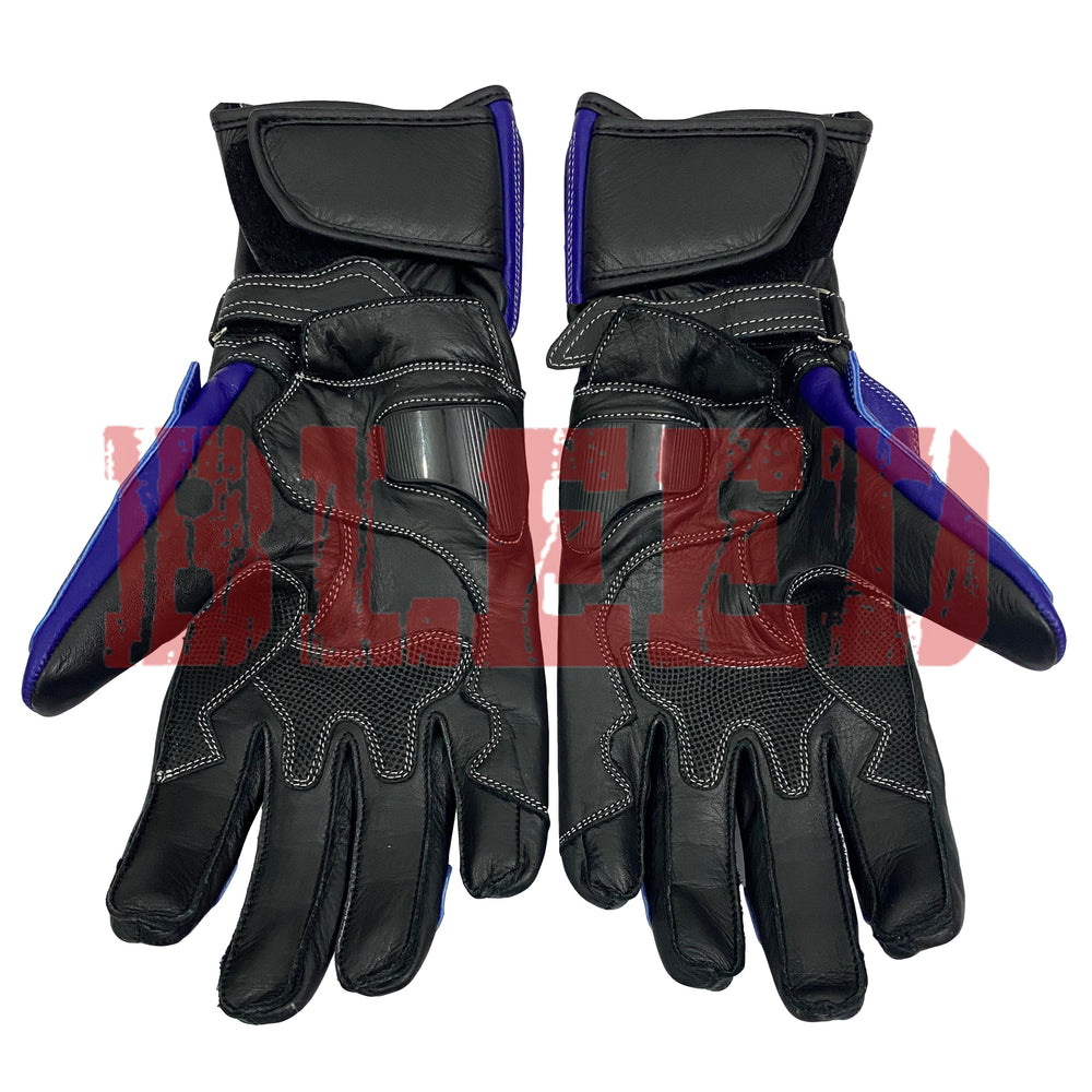 A pair of Suzuki GSX-R motorcycle racing gloves shown from the front, displaying the black and blue leather design with reinforced padding along the fingers and palms. The gloves feature secure wrist cuffs for a snug fit and detailed stitching for durability.