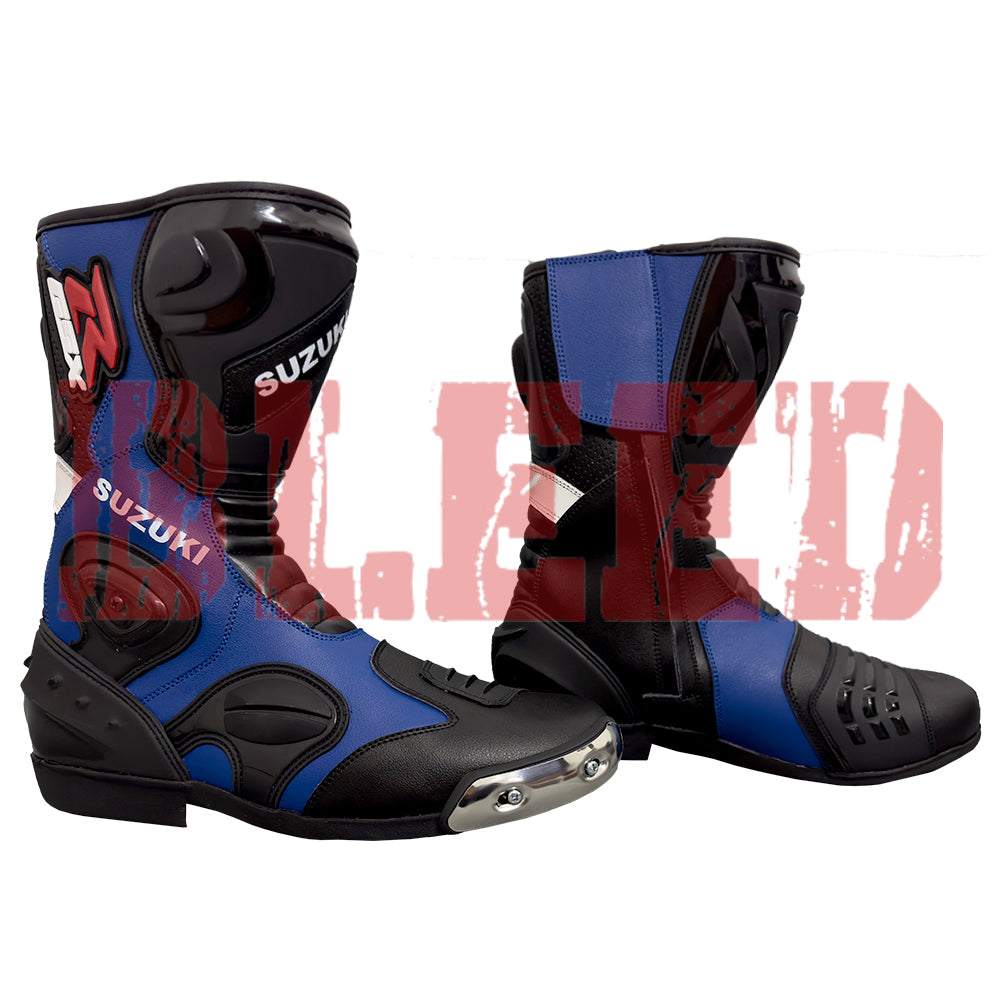 Close-up of Suzuki motorcycle riding boots with anti-slip soles and ventilated shin protection.