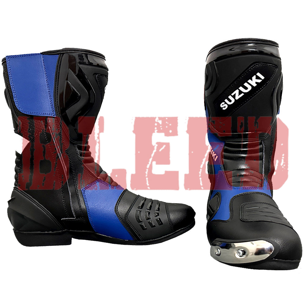 Pair of Suzuki blue-black motorbike boots designed for professional track riders and street racers.
