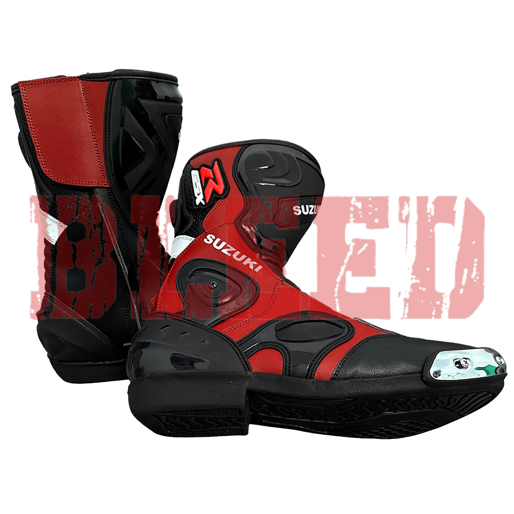 Suzuki GSXR motorcycle race boots in red and black design, engineered for durability, track performance, and superior rider control.