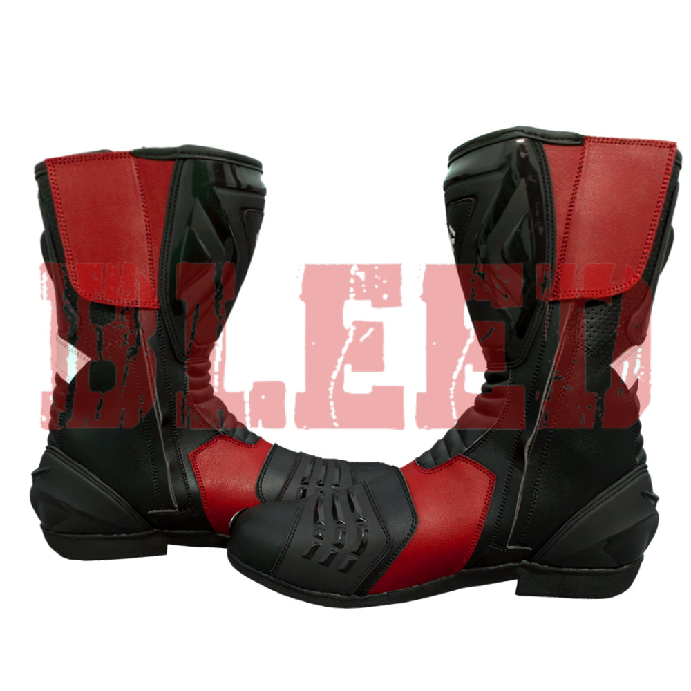 Close-up side view of Suzuki GSXR red and black leather motorcycle boots featuring reinforced sliders and anti-slip sole for enhanced performance.