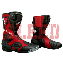 Front and side view of Suzuki red and black motorbike racing boots made from premium leather with shin and ankle protection for professional riders.
