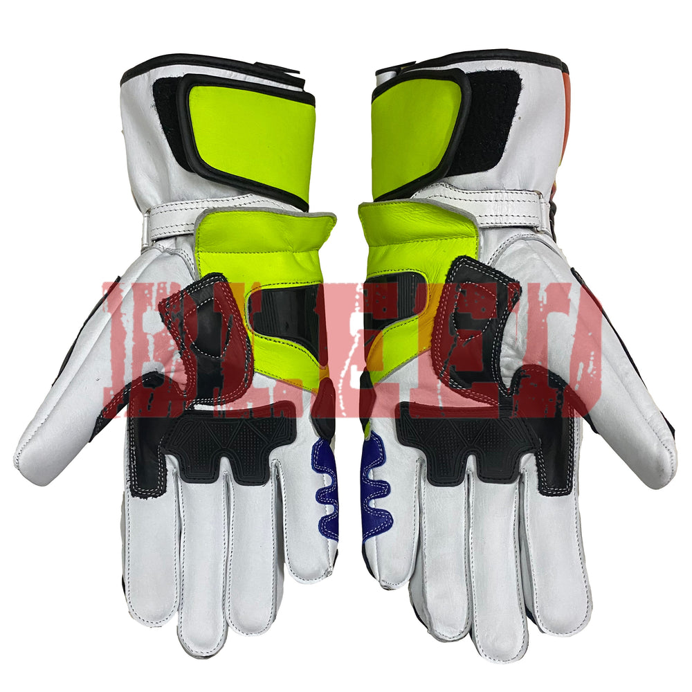 Back and palm view of a pair of Valentino Rossi 2016 MotoGP racing gloves, showcasing their vibrant yellow, blue, red, and black color scheme. The gloves feature reinforced protective padding, ergonomic stitching, and high-grip material on the palms, designed for both safety and performance during racing.