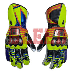 A pair of Valentino Rossi 2016 MotoGP racing gloves featuring a bold and vibrant design with yellow, blue, red, and black accents. These gloves include reinforced knuckles and metallic plates, offering both protection and a signature style that reflects Rossi's 2016 MotoGP season