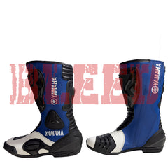 Yamaha Blue and white sport motorcycle boots featuring anti-slip sole, durable toe armor, and breathable construction for racing conditions.