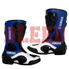 Yamaha Blue and white motorcycle racing boots with advanced ankle guards and stretch leather panels for precise riding control.