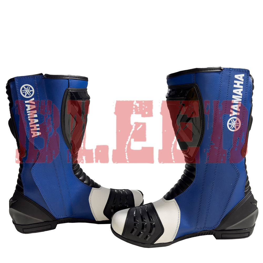 High-performance Yamaha blue boots with steel toe protection and multi-panel leather design for enhanced flexibility.