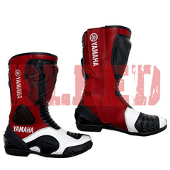 Red and white Yamaha motorcycle racing boots with reinforced armor and flexible leather panels for precision control on track and road.